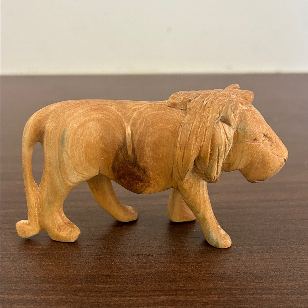 Hand Carved Wooden Lion Figurine - Light Brown